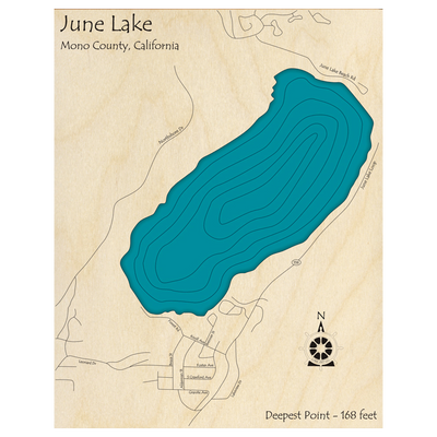Bathymetric topo map of June Lake, CA with roads, towns and depths noted in blue water.