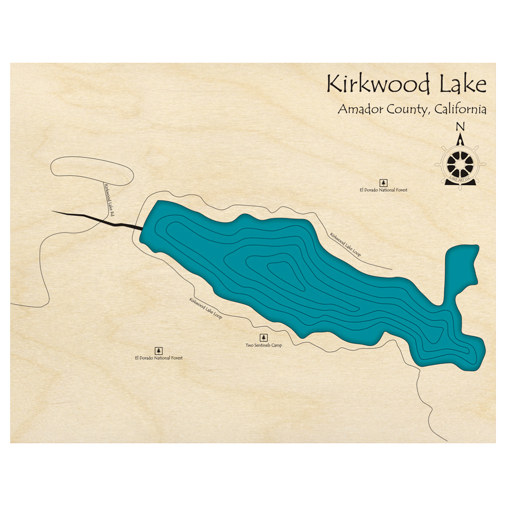 Bathymetric topo map of Kirkwood Lake, CA with roads, towns and depths noted in blue water.