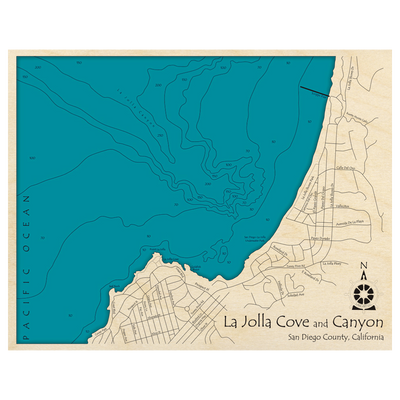 Bathymetric topo map of La Jolla Cove and Canyon, CA with roads, towns and depths noted in blue water.