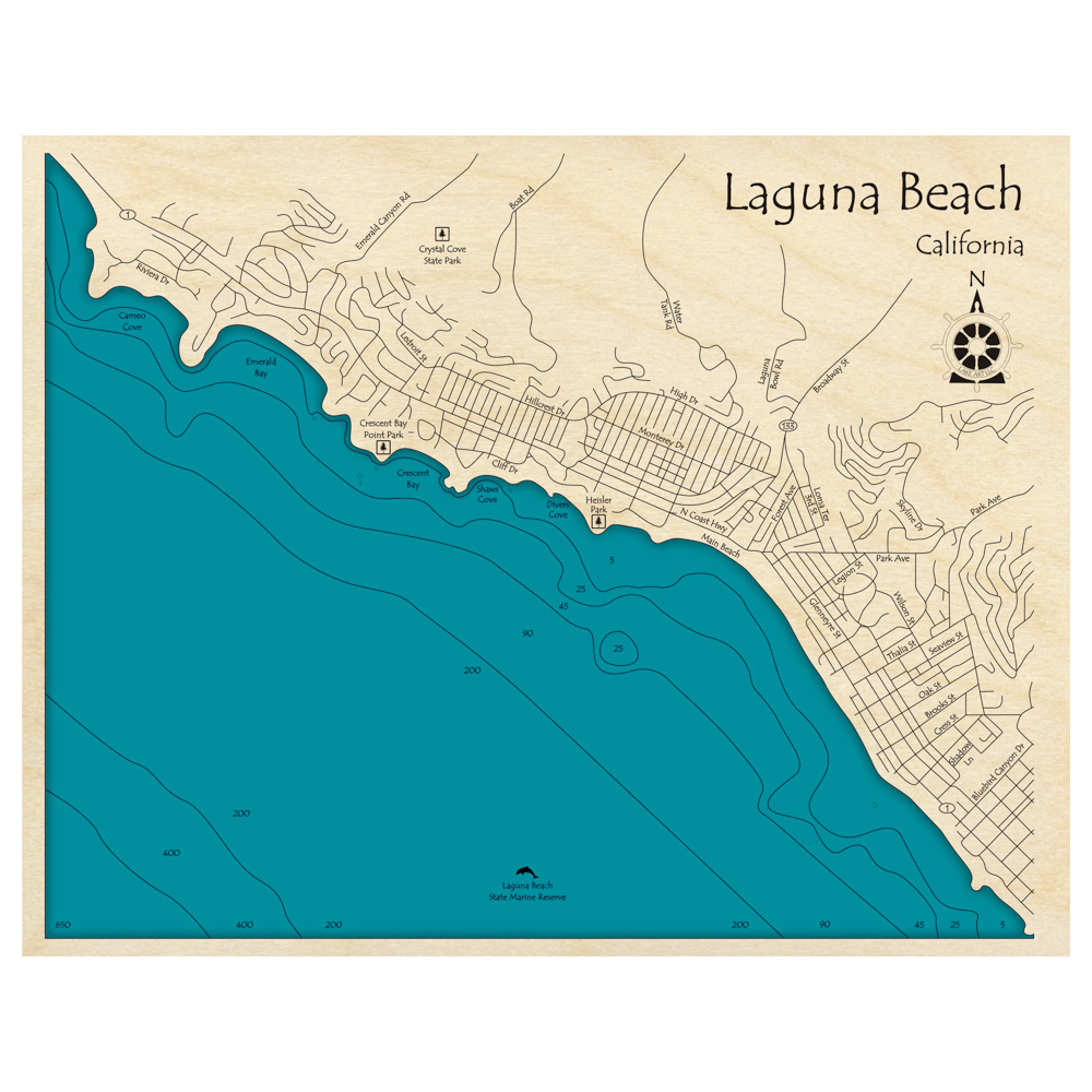 Bathymetric topo map of Laguna Beach, CA with roads, towns and depths noted in blue water.