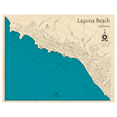 Bathymetric topo map of Laguna Beach, CA with roads, towns and depths noted in blue water.