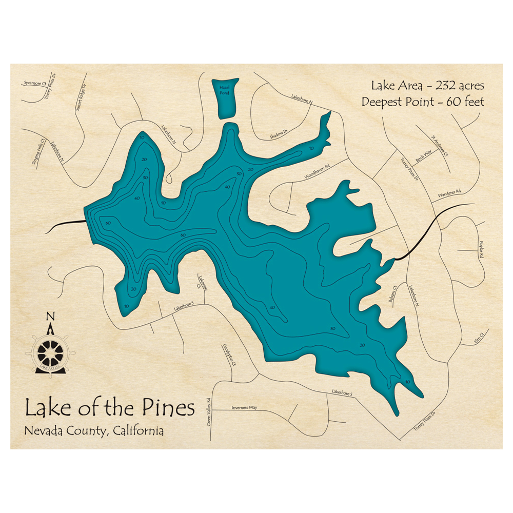 Bathymetric topo map of Lake of the Pines, CA with roads, towns and depths noted in blue water.