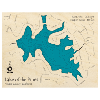 Bathymetric topo map of Lake of the Pines, CA with roads, towns and depths noted in blue water.