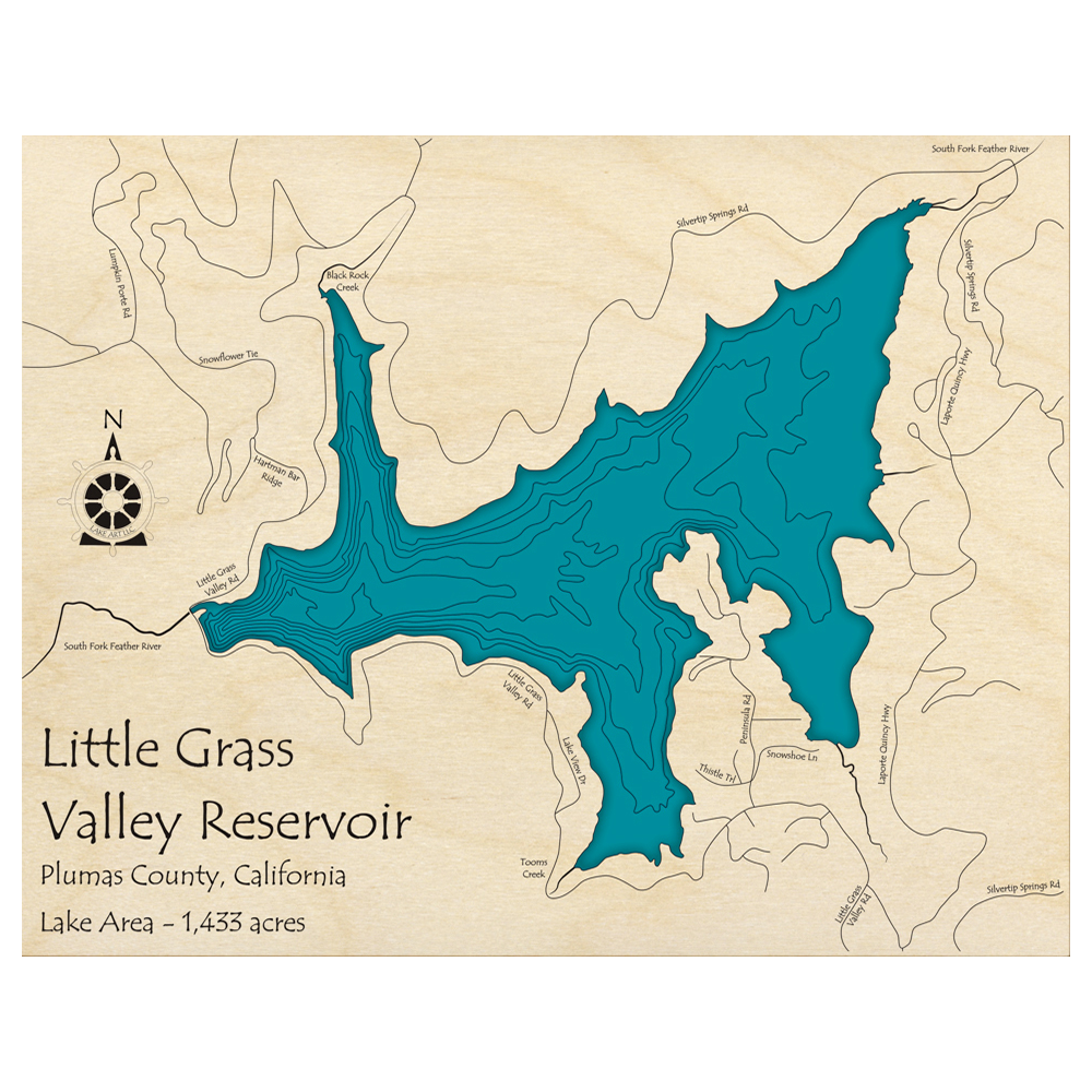 Bathymetric topo map of Little Grass Valley Lake, CA with roads, towns and depths noted in blue water.
