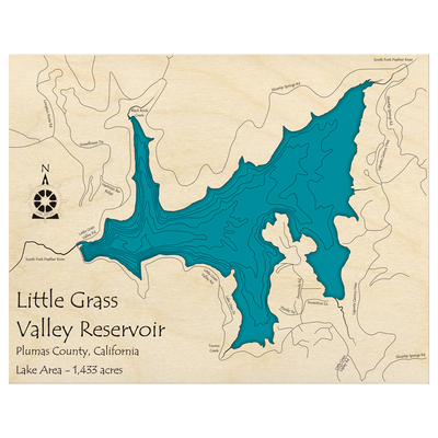 Bathymetric topo map of Little Grass Valley Lake, CA with roads, towns and depths noted in blue water.