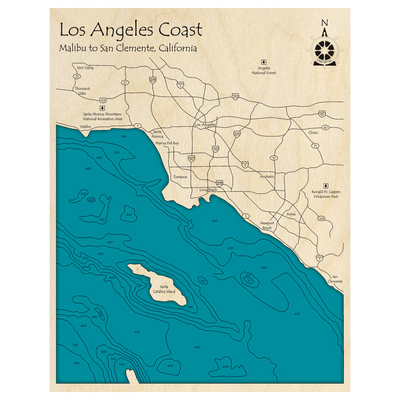 Bathymetric topo map of Los Angeles Coast, CA with roads, towns and depths noted in blue water.