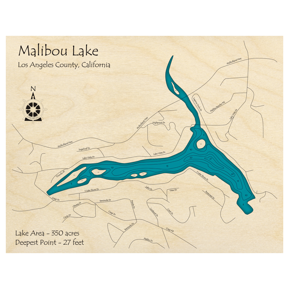Bathymetric topo map of Malibou Lake, CA with roads, towns and depths noted in blue water.