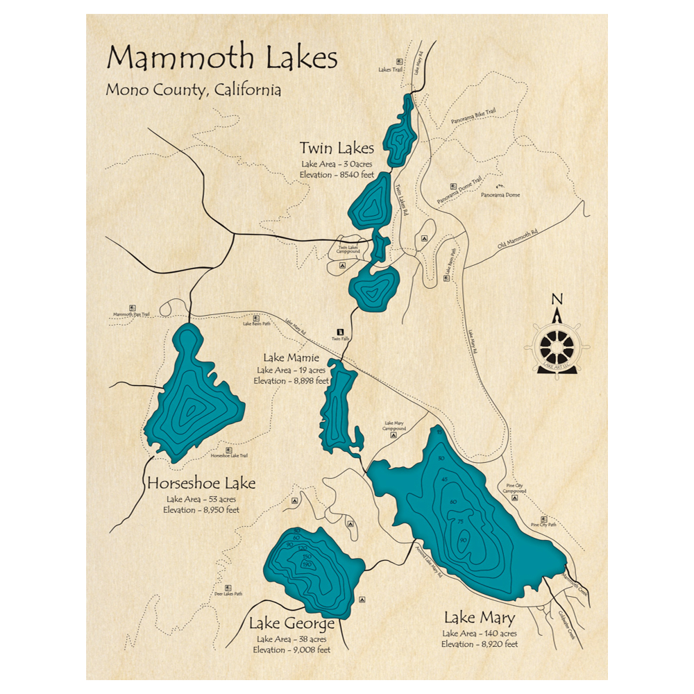 Bathymetric topo map of Mammoth Lakes, CA with roads, towns and depths noted in blue water.