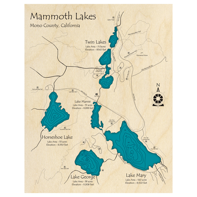 Bathymetric topo map of Mammoth Lakes, CA with roads, towns and depths noted in blue water.