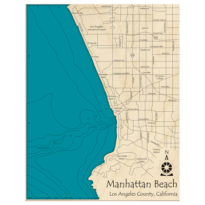 Bathymetric topo map of Manhattan Beach, CA with roads, towns and depths noted in blue water.