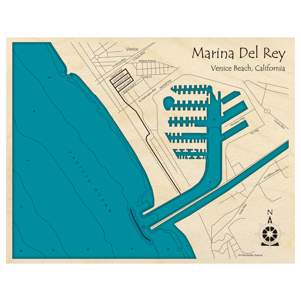 Bathymetric topo map of Marina Del Rey, CA with roads, towns and depths noted in blue water.