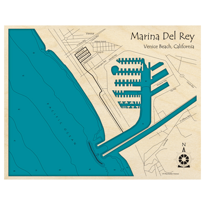 Bathymetric topo map of Marina Del Rey, CA with roads, towns and depths noted in blue water.