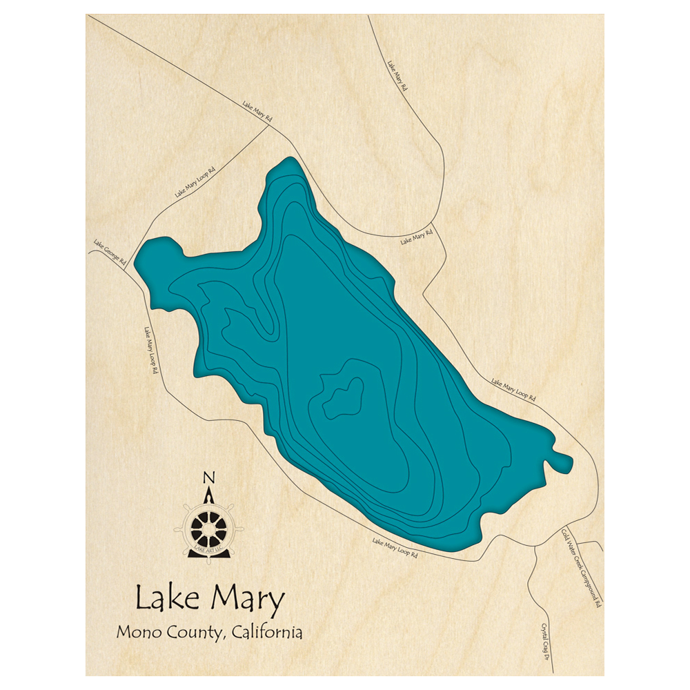 Bathymetric topo map of Lake Mary, CA with roads, towns and depths noted in blue water.