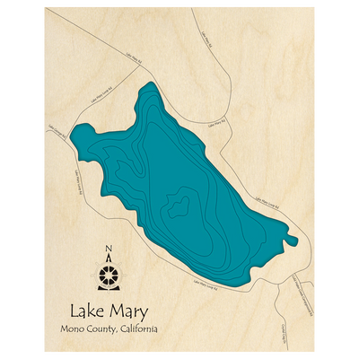 Bathymetric topo map of Lake Mary, CA with roads, towns and depths noted in blue water.