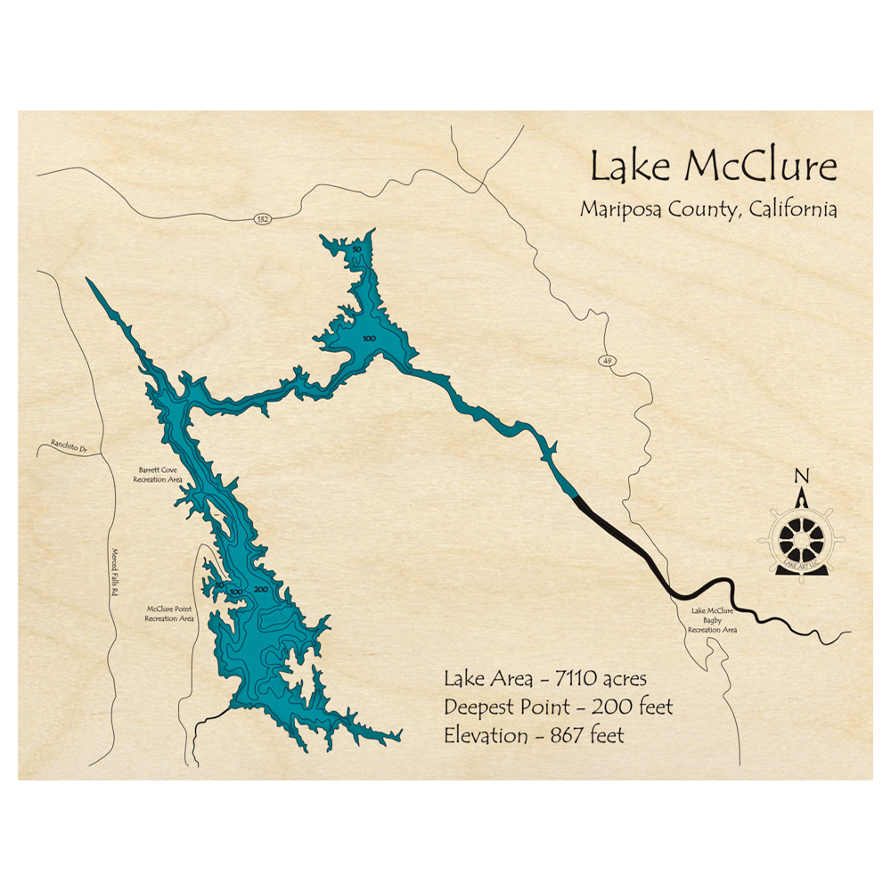 Bathymetric topo map of Lake McClure, CA with roads, towns and depths noted in blue water.