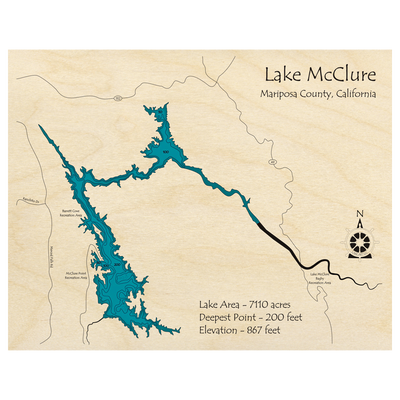 Bathymetric topo map of Lake McClure, CA with roads, towns and depths noted in blue water.