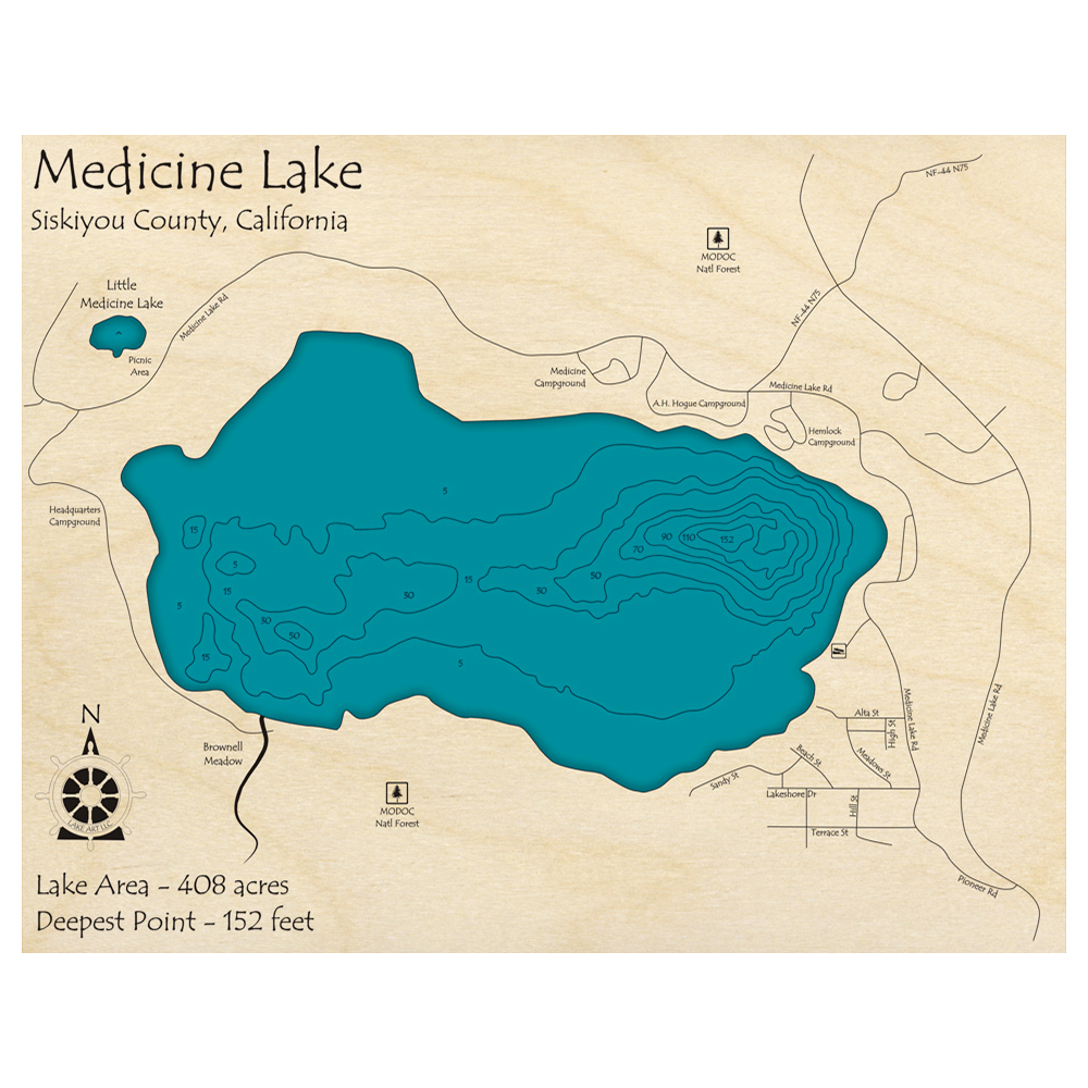 Bathymetric topo map of Medicine Lake, CA with roads, towns and depths noted in blue water.