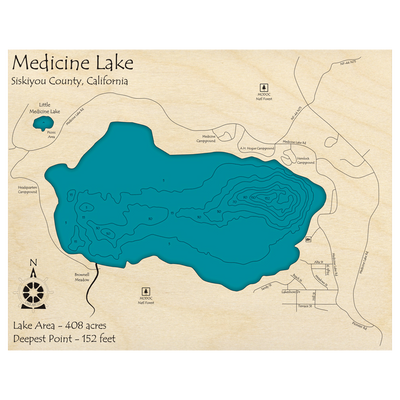 Bathymetric topo map of Medicine Lake, CA with roads, towns and depths noted in blue water.
