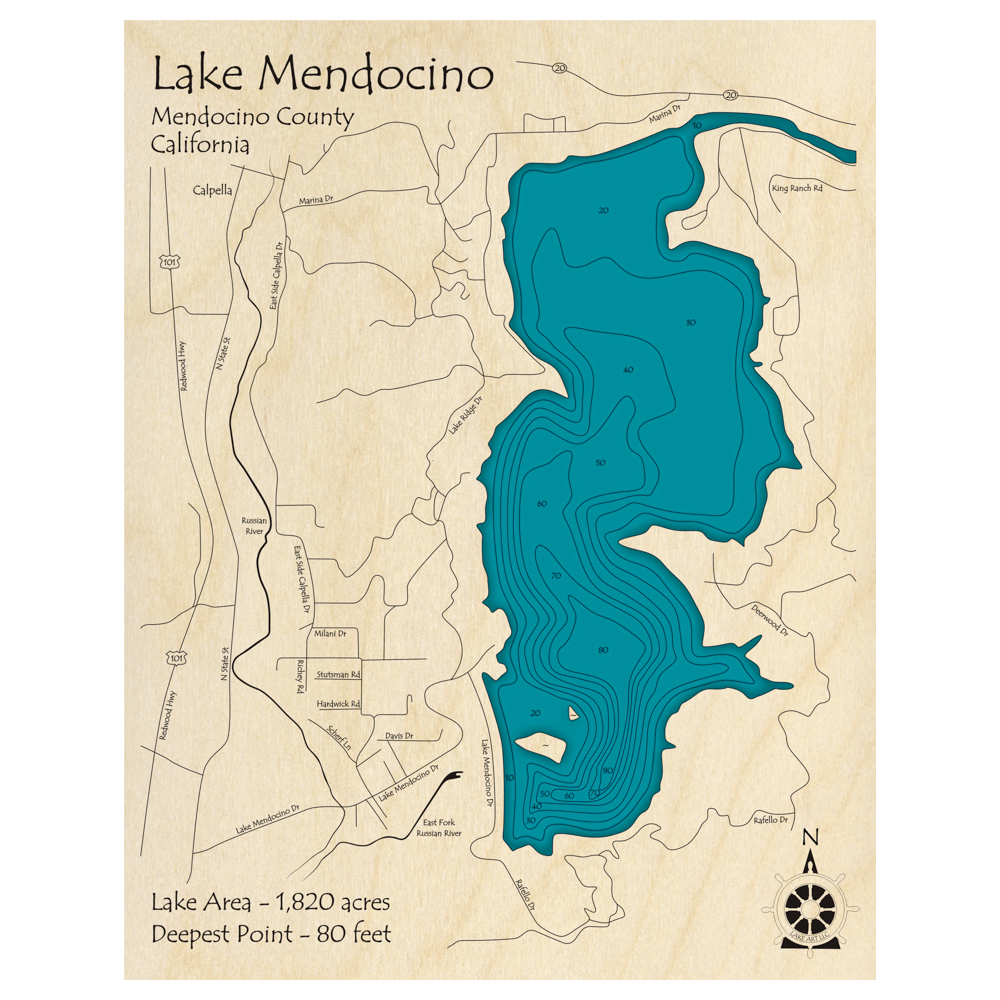 Bathymetric topo map of Lake Mendocino, CA with roads, towns and depths noted in blue water.