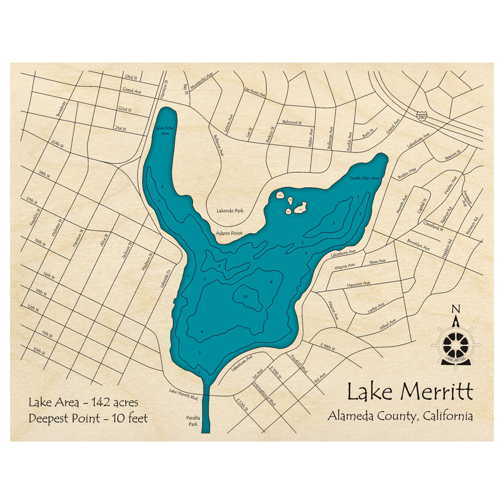 Bathymetric topo map of Lake Merritt, CA with roads, towns and depths noted in blue water.