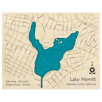 Bathymetric topo map of Lake Merritt, CA with roads, towns and depths noted in blue water.