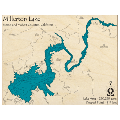Bathymetric topo map of Millerton Lake, CA with roads, towns and depths noted in blue water.