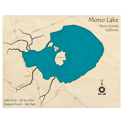 Bathymetric topo map of Mono Lake, CA with roads, towns and depths noted in blue water.