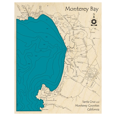 Bathymetric topo map of Monterey Bay, CA with roads, towns and depths noted in blue water.