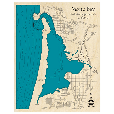 Bathymetric topo map of Morro Bay, CA with roads, towns and depths noted in blue water.