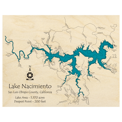 Bathymetric topo map of Lake Nacimiento, CA with roads, towns and depths noted in blue water.