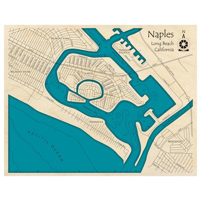 Bathymetric topo map of Naples, California, CA with roads, towns and depths noted in blue water.