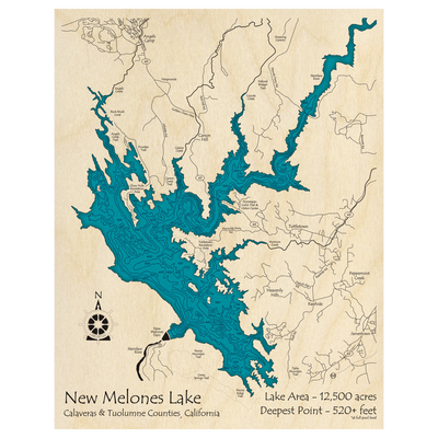 Bathymetric topo map of New Melones Lake, CA with roads, towns and depths noted in blue water.