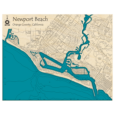 Bathymetric topo map of Newport Beach, CA with roads, towns and depths noted in blue water.