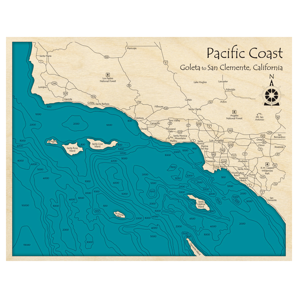 Bathymetric topo map of Pacific Coast, CA with roads, towns and depths noted in blue water.