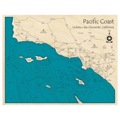 Bathymetric topo map of Pacific Coast, CA with roads, towns and depths noted in blue water.