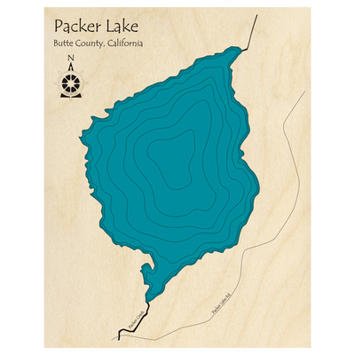 Bathymetric topo map of Packer Lake, CA with roads, towns and depths noted in blue water.