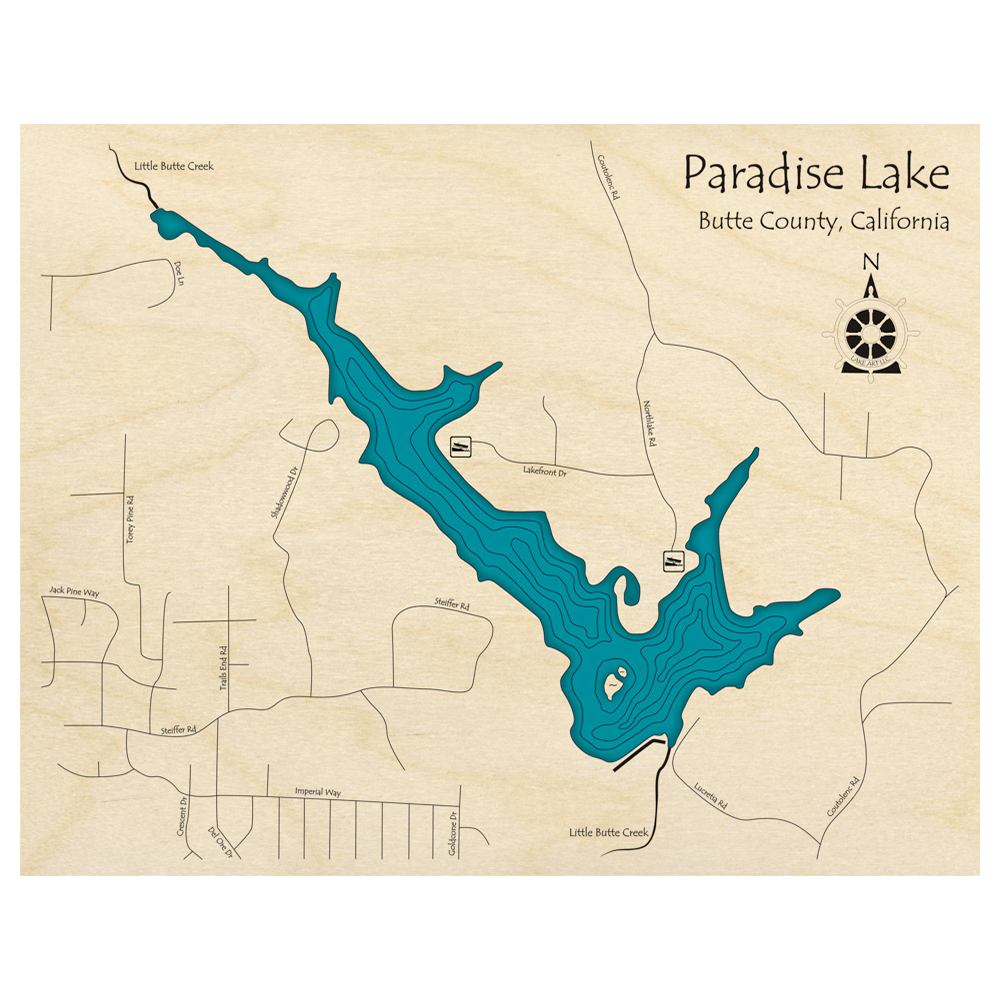 Bathymetric topo map of Paradise Lake, CA with roads, towns and depths noted in blue water.