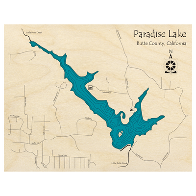 Bathymetric topo map of Paradise Lake, CA with roads, towns and depths noted in blue water.