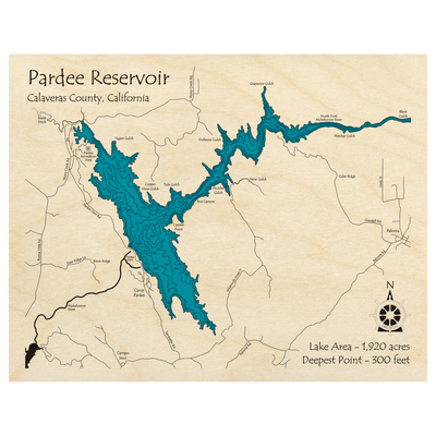 Bathymetric topo map of Pardee Reservoir, CA with roads, towns and depths noted in blue water.
