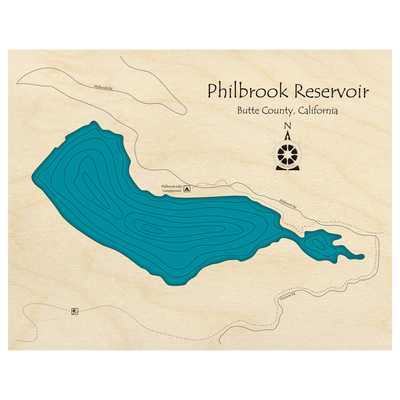 Bathymetric topo map of Philbrook Reservoir, CA with roads, towns and depths noted in blue water.