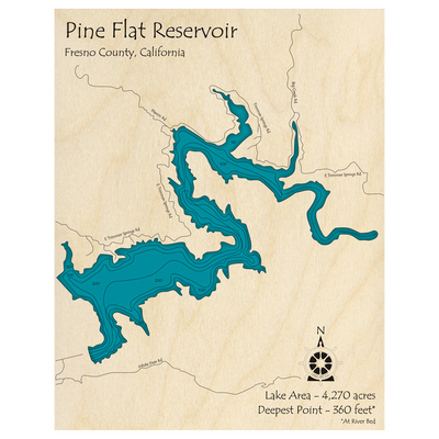 Bathymetric topo map of Pine Flat Reservoir, CA with roads, towns and depths noted in blue water.
