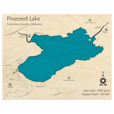 Bathymetric topo map of Pinecrest Lake, CA with roads, towns and depths noted in blue water.