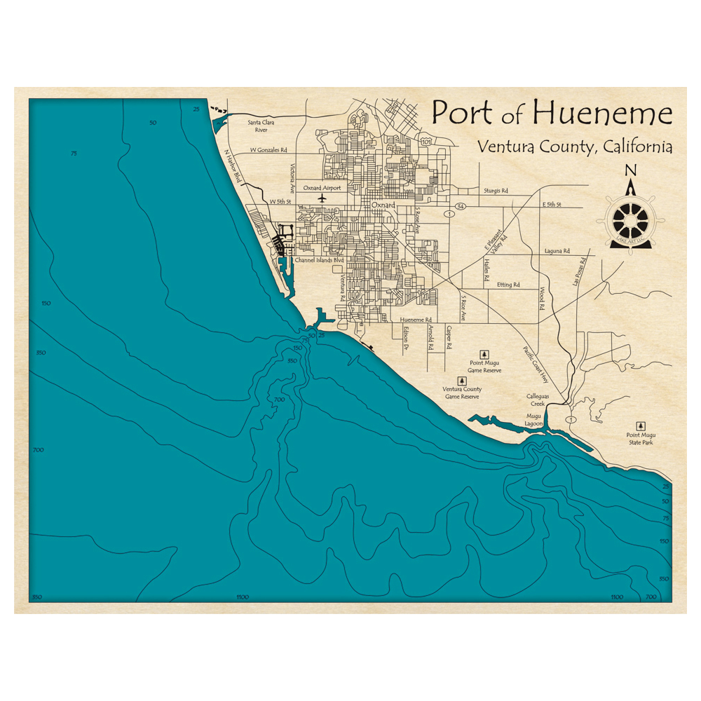 Bathymetric topo map of Port of Hueneme, CA with roads, towns and depths noted in blue water.