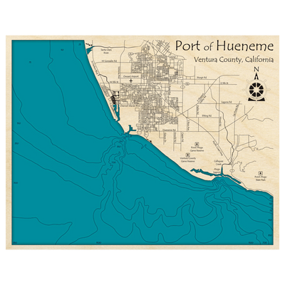 Bathymetric topo map of Port of Hueneme, CA with roads, towns and depths noted in blue water.