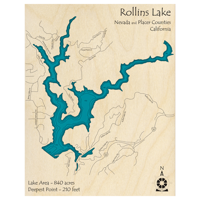 Bathymetric topo map of Rollins Lake, CA with roads, towns and depths noted in blue water.