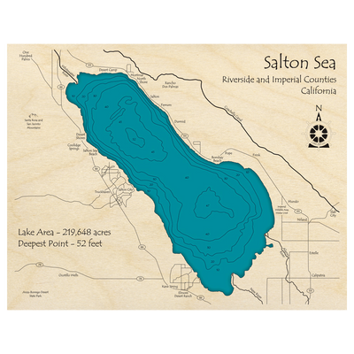 Bathymetric topo map of Salton Sea, CA with roads, towns and depths noted in blue water.