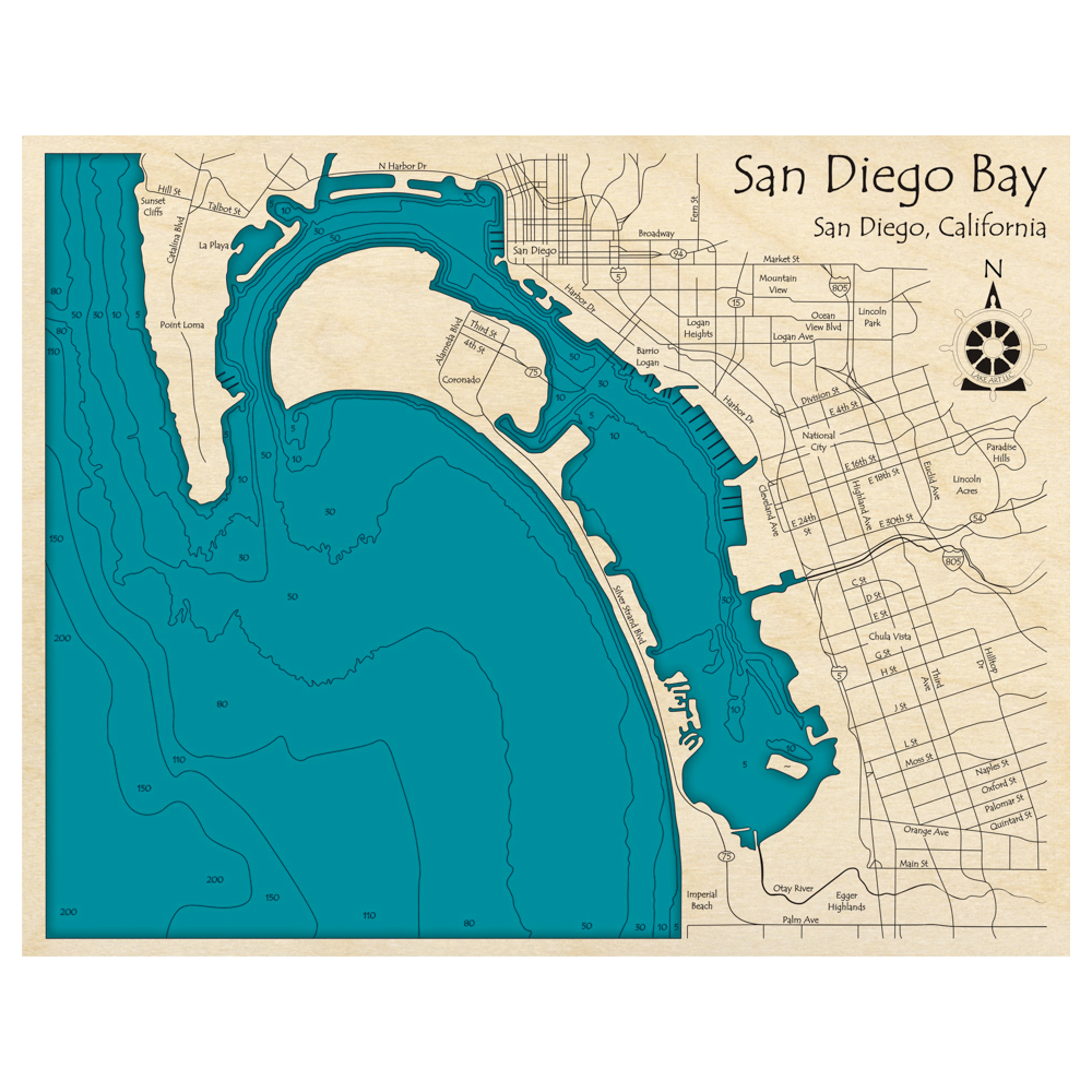 Bathymetric topo map of San Diego Bay, CA with roads, towns and depths noted in blue water.