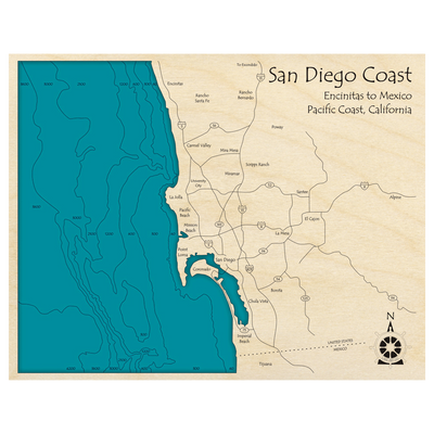 Bathymetric topo map of San Diego Coast, CA with roads, towns and depths noted in blue water.
