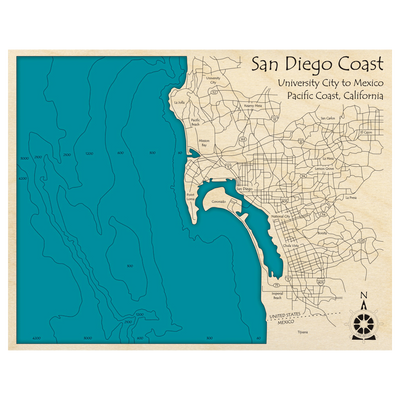 Bathymetric topo map of San Diego Region, CA with roads, towns and depths noted in blue water.