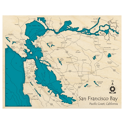 Bathymetric topo map of San Francisco Bay, CA with roads, towns and depths noted in blue water.